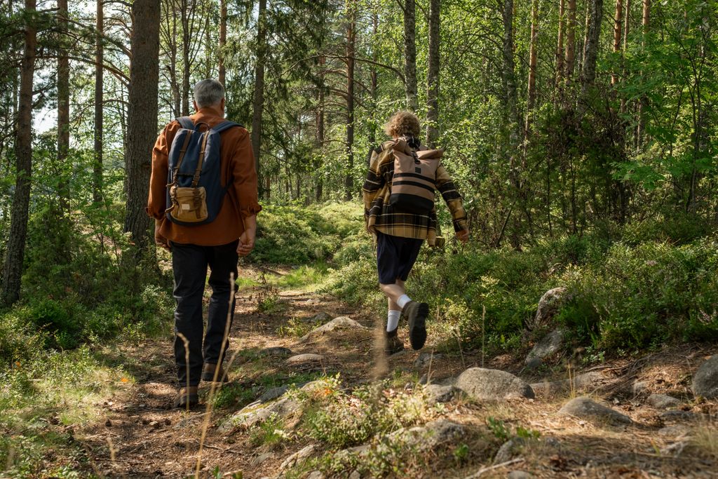 Two people hiking a forest trail